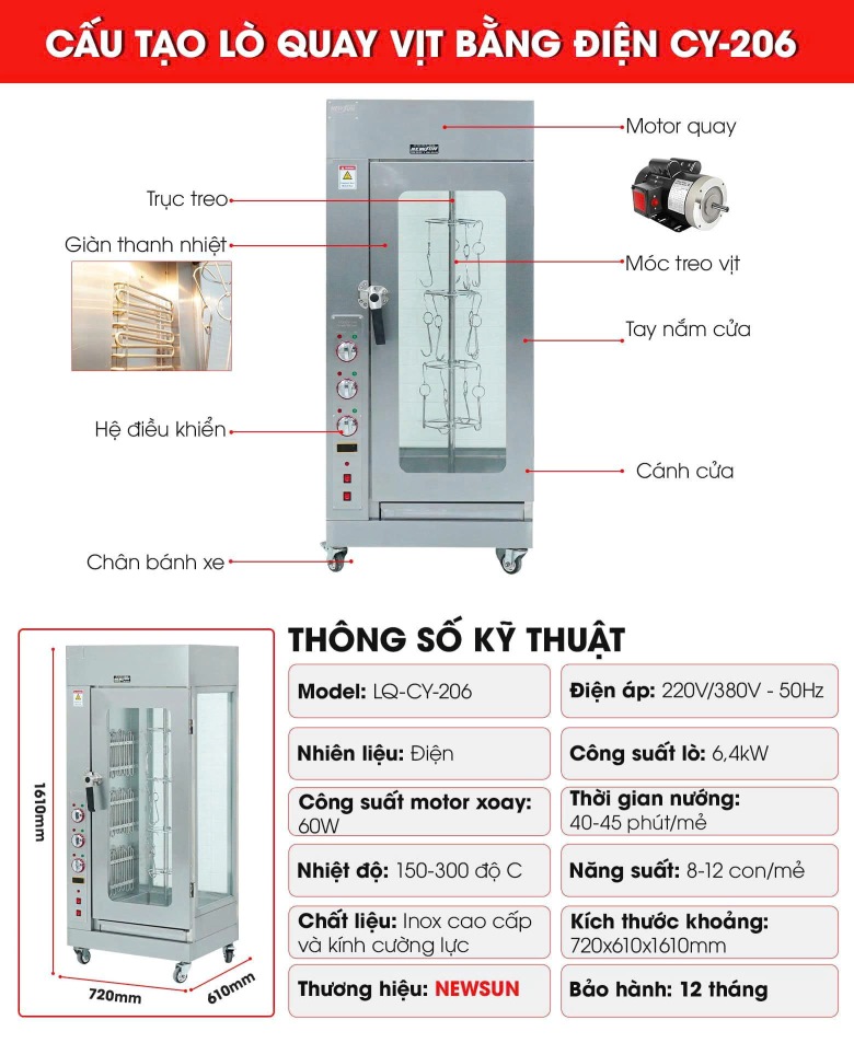 Chi tiết cấu tạo của lò quay gà vịt bằng điện CY-206