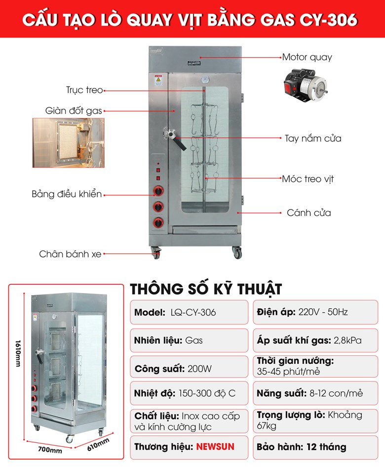 Cấu tạo lò quay gà vịt bằng gas CY-306