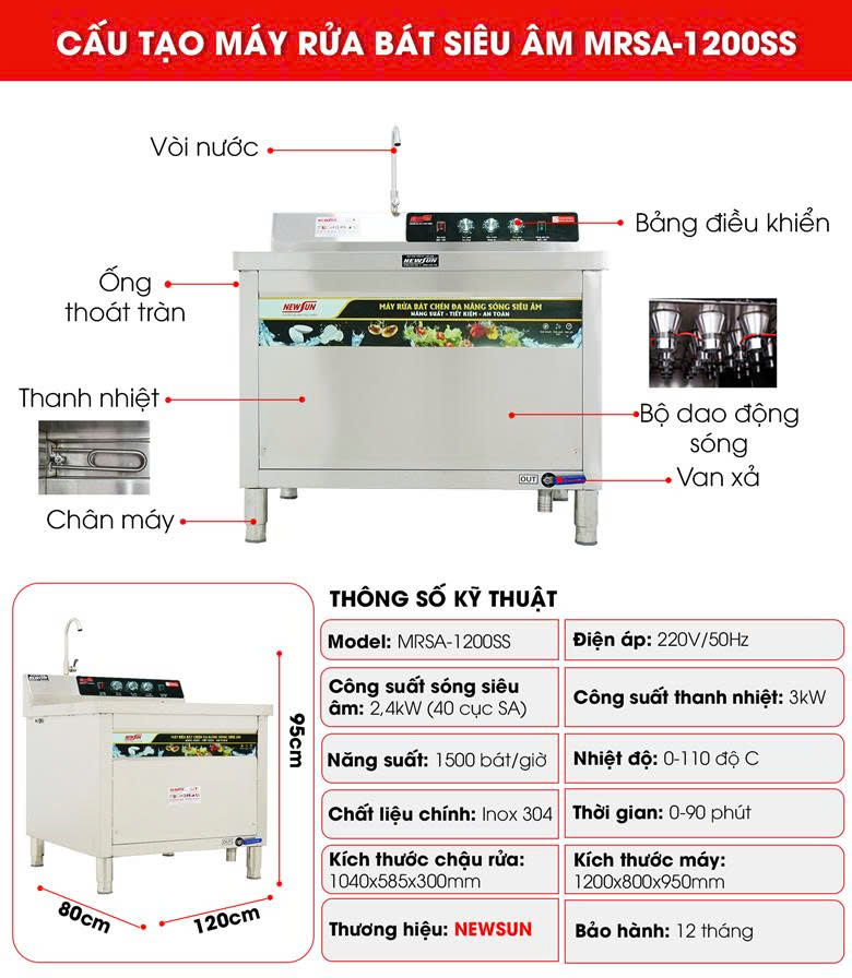 Cấu tạo của máy rửa bát siêu âm MRSA-1200SS cao cấp