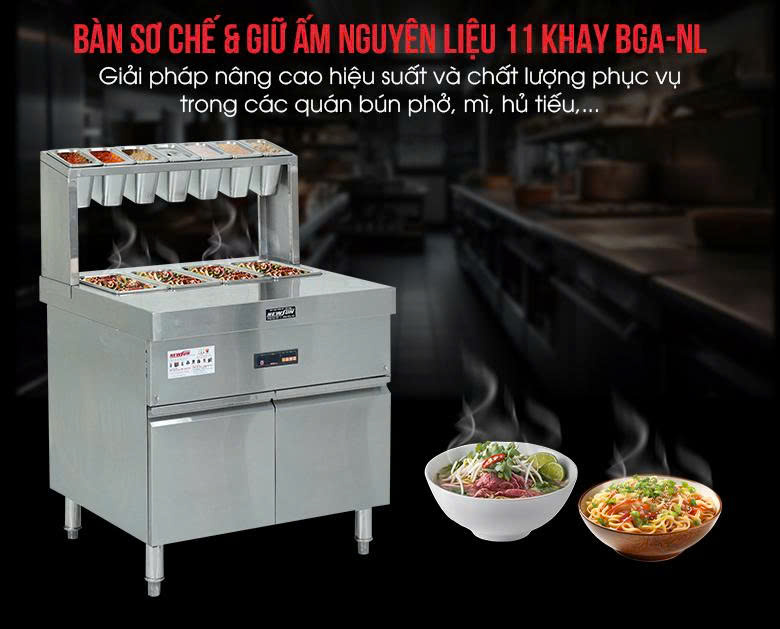 Bàn sơ chế và giữ ấm nguyên liệu BGA-NL (11 khay) cho quán bún, phở, mì, hủ tiếu Bàn sơ chế và giữ ấm nguyên liệu BGA-NL (11 khay) cho quán bún, phở, mì, hủ tiếu