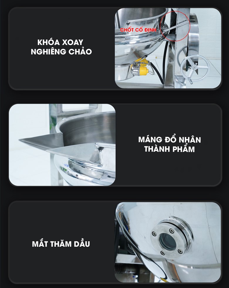 Các chi tiết của chảo xào nhân 100 lít đa năng Các chi tiết của chảo xào nhân 100 lít đa năng