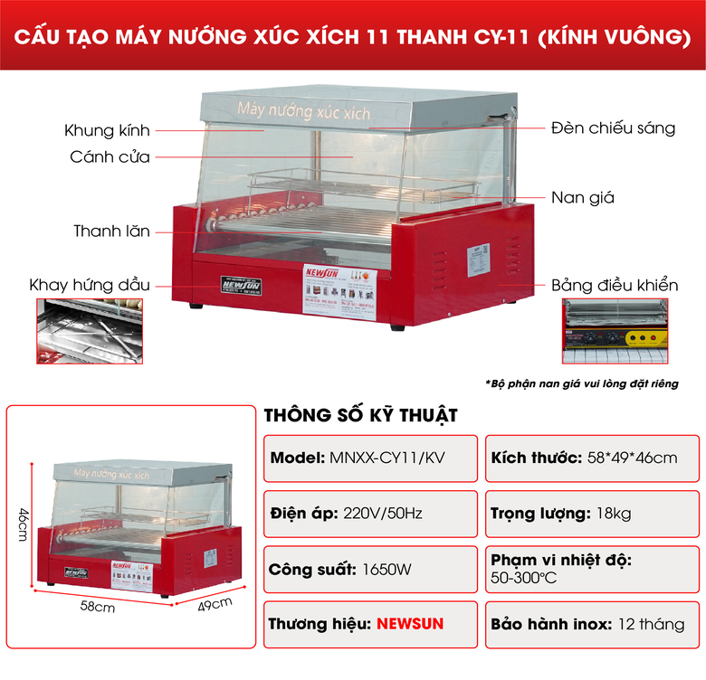 Cấu tạo máy nướng xúc xích 11 thanh CY-11 (kính vuông) Cấu tạo máy nướng xúc xích 11 thanh CY-11 (kính vuông)