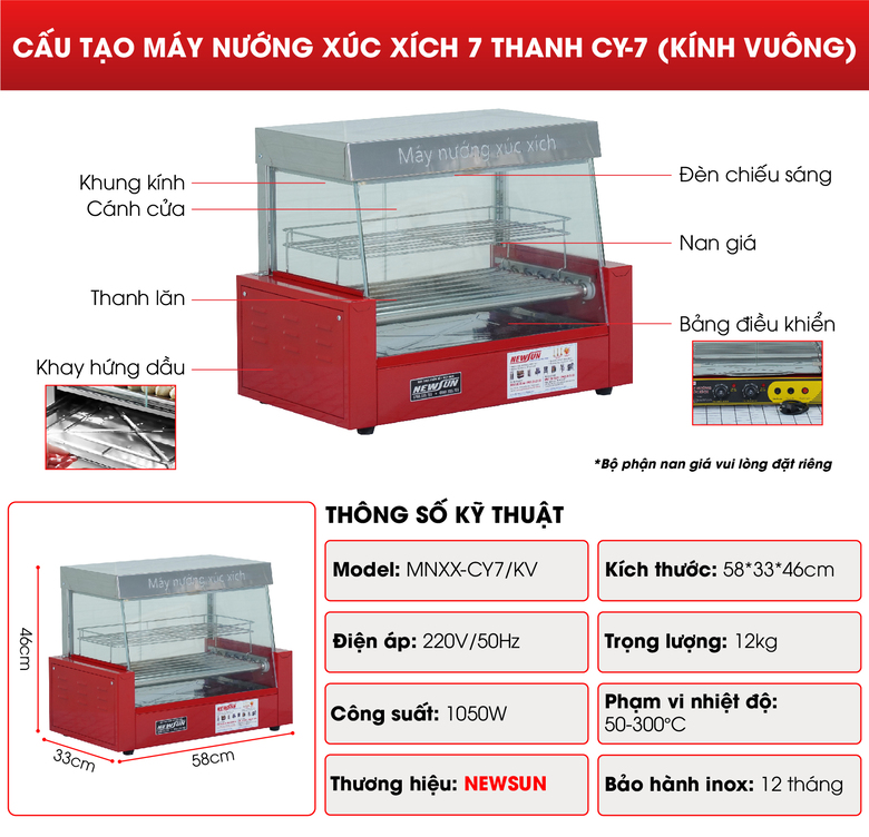 Cấu tạo máy nướng xúc xích 7 thanh CY-7 (kính vuông) Cấu tạo máy nướng xúc xích 7 thanh CY-7 (kính vuông)