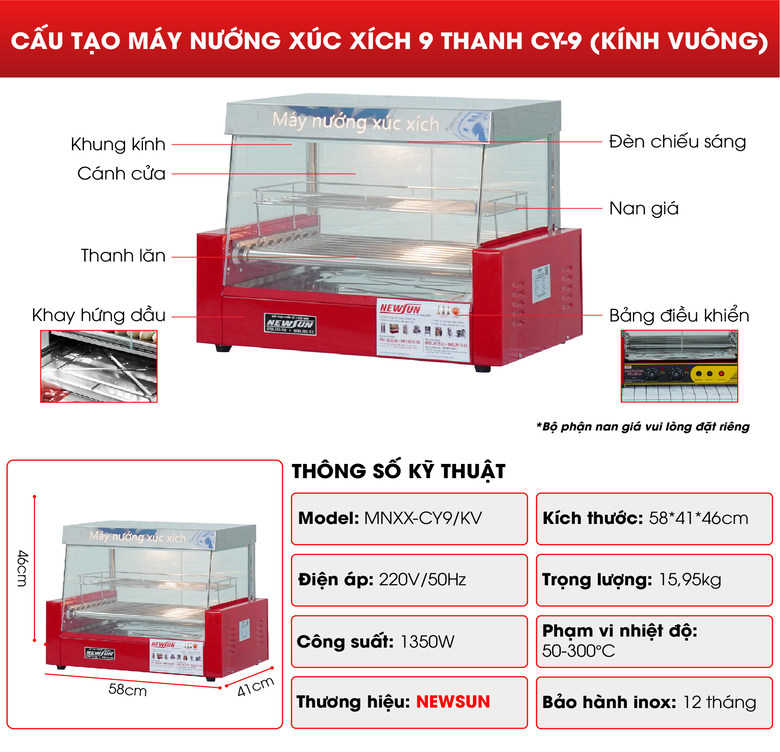 Cấu tạo máy nướng xúc xích 9 thanh CY-9 (kính vuông) Cấu tạo máy nướng xúc xích 9 thanh CY-9 (kính vuông)