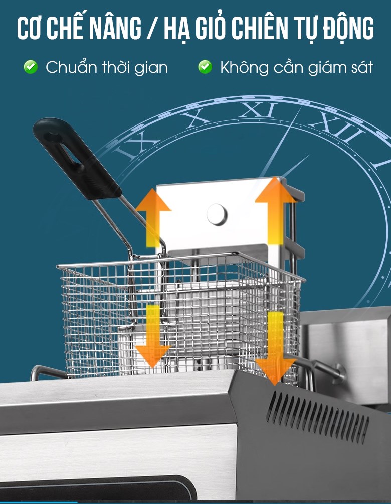 Nâng hạ giỏ chiên tự động với thời gian được kiểm soát chính xác, đảm bảo thành phẩm chín giòn thơm ngon nhất Nâng hạ giỏ chiên tự động với thời gian được kiểm soát chính xác, đảm bảo thành phẩm chín giòn thơm ngon nhất