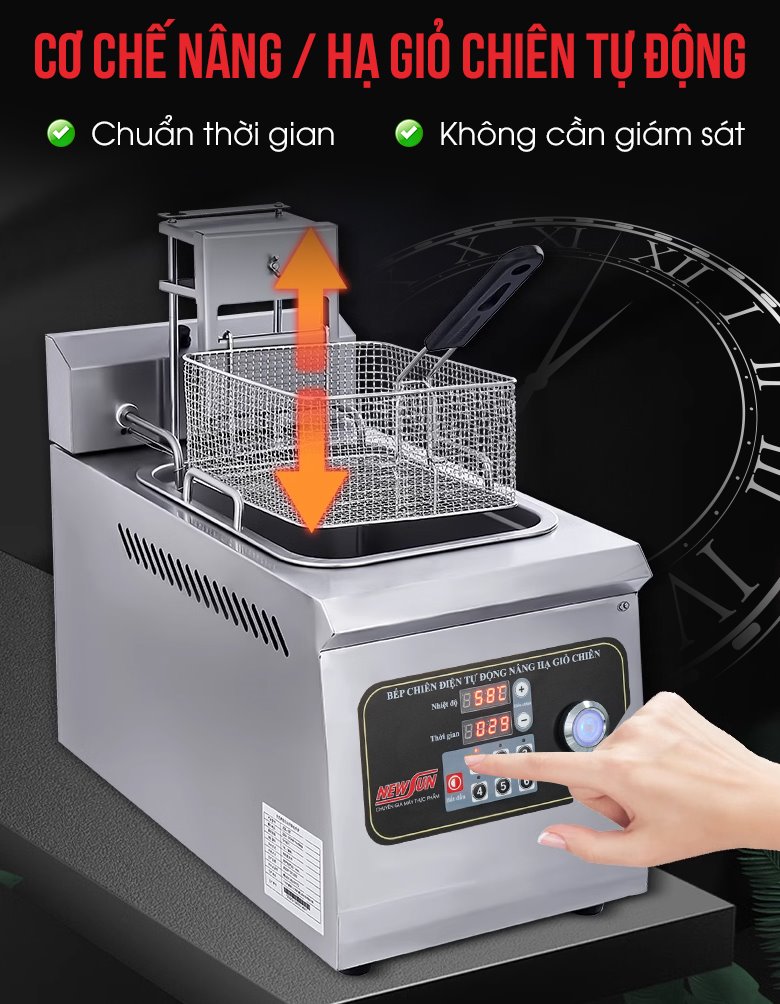 Giỏ chiên được nâng hạ tự động với thời gian chính xác, đảm bảo thành phẩm chín giòn thơm ngon nhất Giỏ chiên được nâng hạ tự động với thời gian chính xác, đảm bảo thành phẩm chín giòn thơm ngon nhất