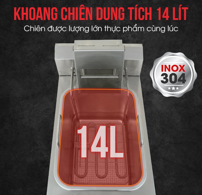 Khoang chiên dung tích 14 lít, lớn gấp 3 các dòng bếp chiên nhúng thông thường Khoang chiên dung tích 14 lít, lớn gấp 3 các dòng bếp chiên nhúng thông thường