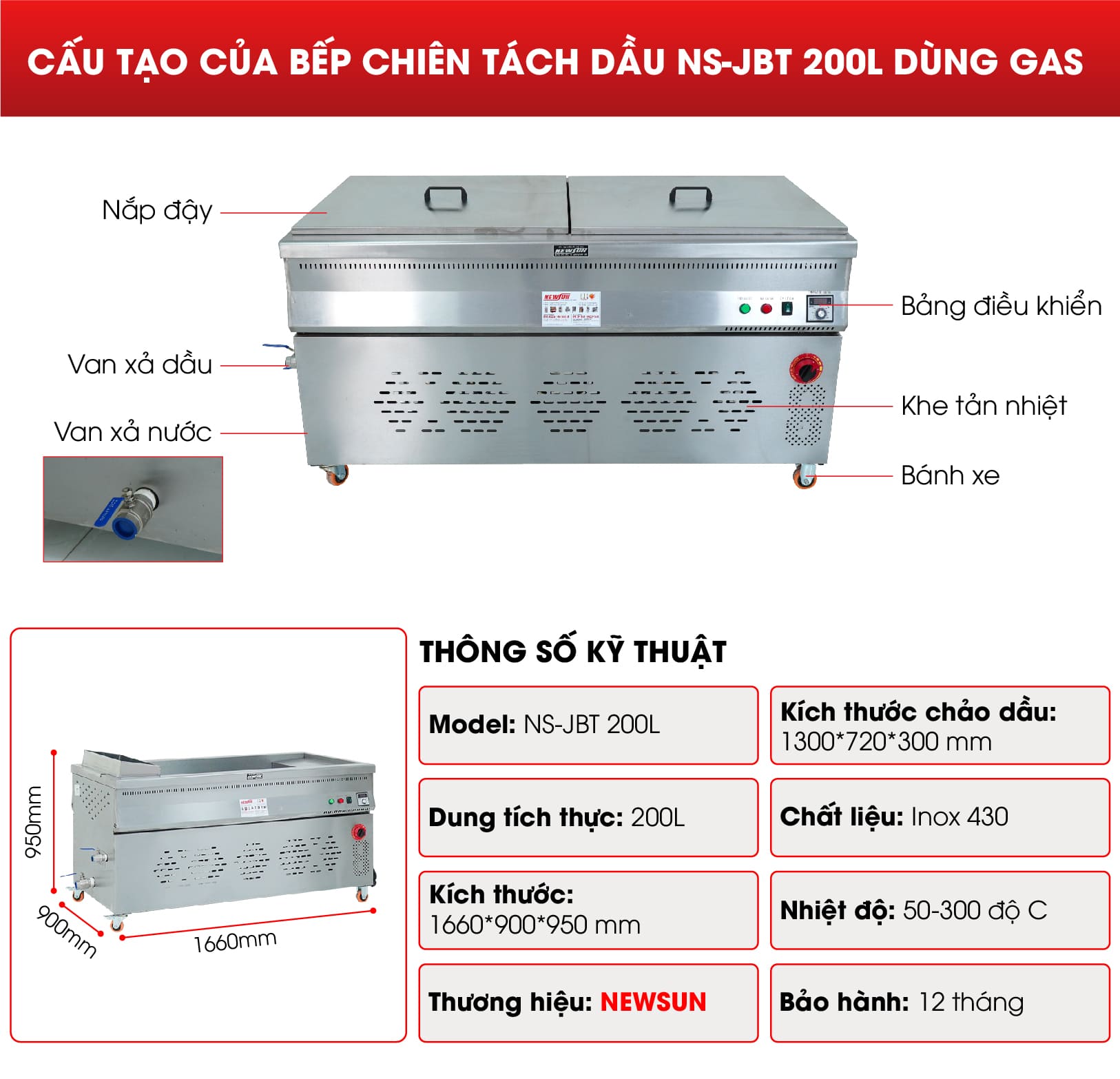 Cấu tạo của bếp chiên tách dầu NS-JBT 200L dùng gas