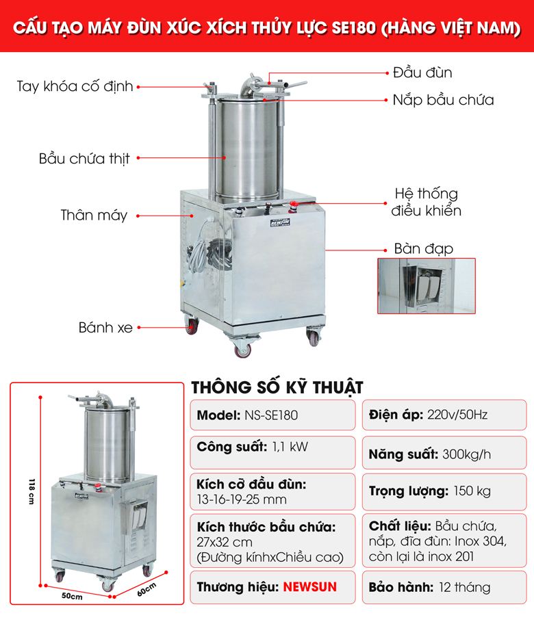 Thông số kỹ thuật của máy đùn xúc xích SE180 Thông số kỹ thuật của máy đùn xúc xích SE180