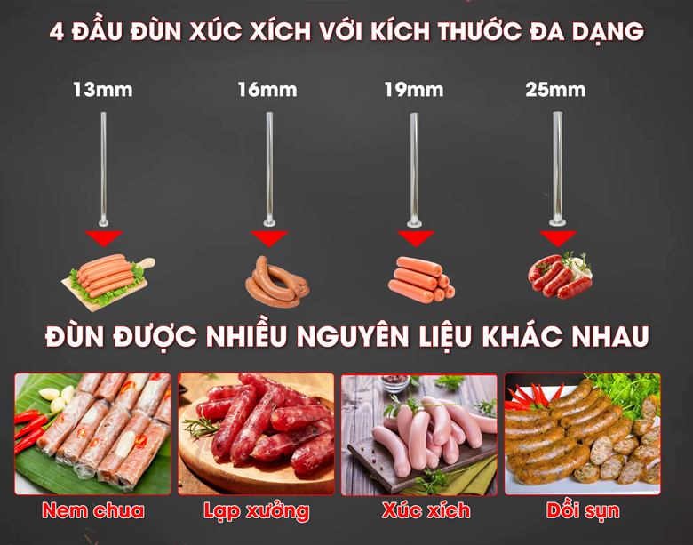 Đầu đùn đi kèm với đường kính khác nhau giúp nhồi nhiều loại nguyên liệu Đầu đùn đi kèm với đường kính khác nhau giúp nhồi nhiều loại nguyên liệu