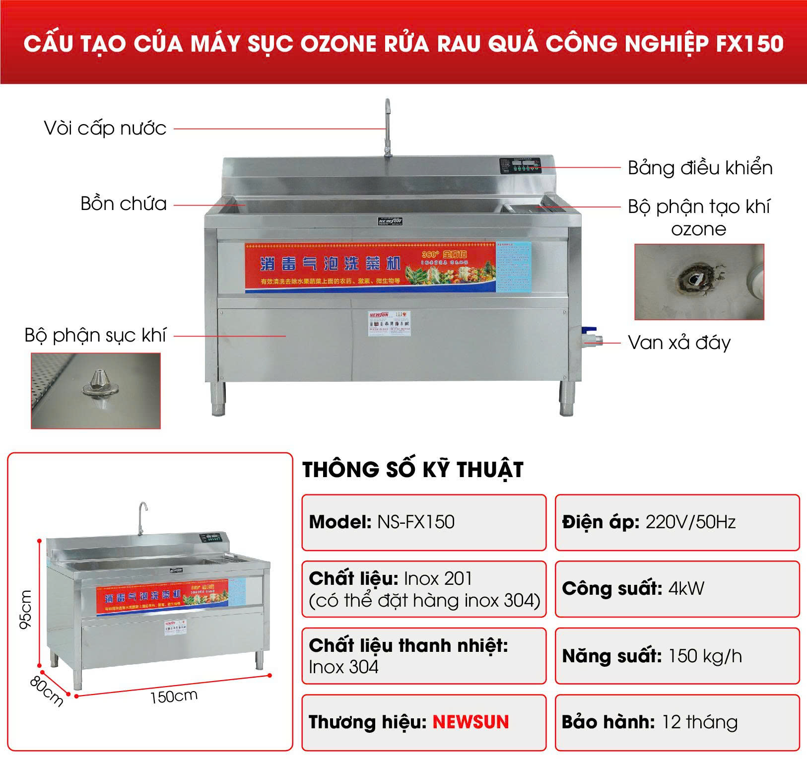 Cấu tạo chi tiết máy sục ozone rửa rau quả công nghiệp FX150