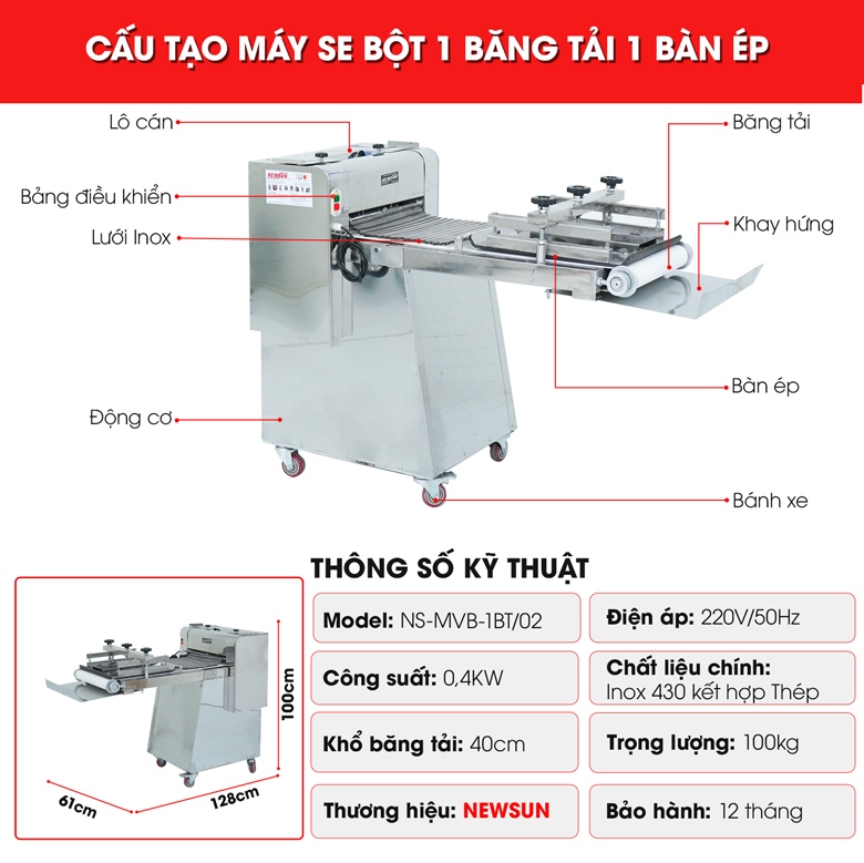 Cấu tạo máy se bột 1 băng tải 1 bàn ép