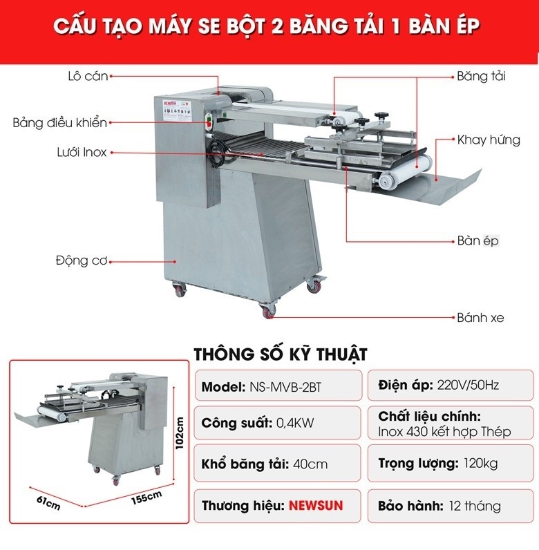 Cấu tạo máy se bột 2 băng tải 1 bàn ép