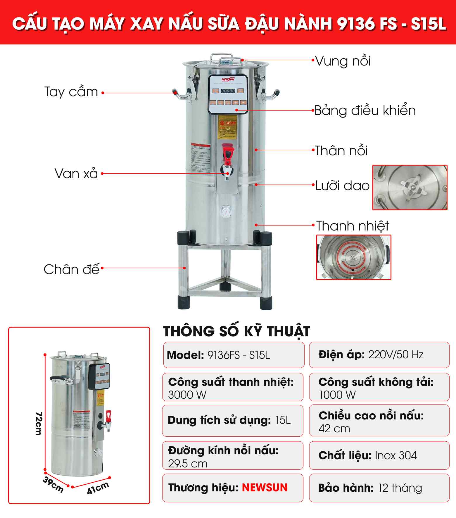 Cấu tạo và thông số kỹ thuật máy xay nấu sữa đậu nành 15 lít