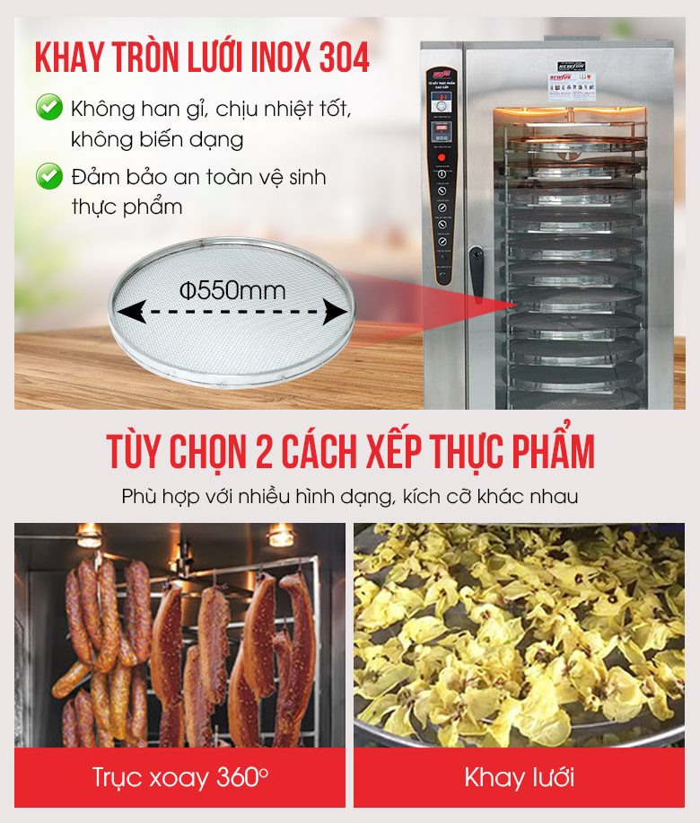 Tùy chọn giữa 2 cách xếp thực phẩm: treo lên trục inox hoặc dùng khay lưới Tùy chọn giữa 2 cách xếp thực phẩm: treo lên trục inox hoặc dùng khay lưới