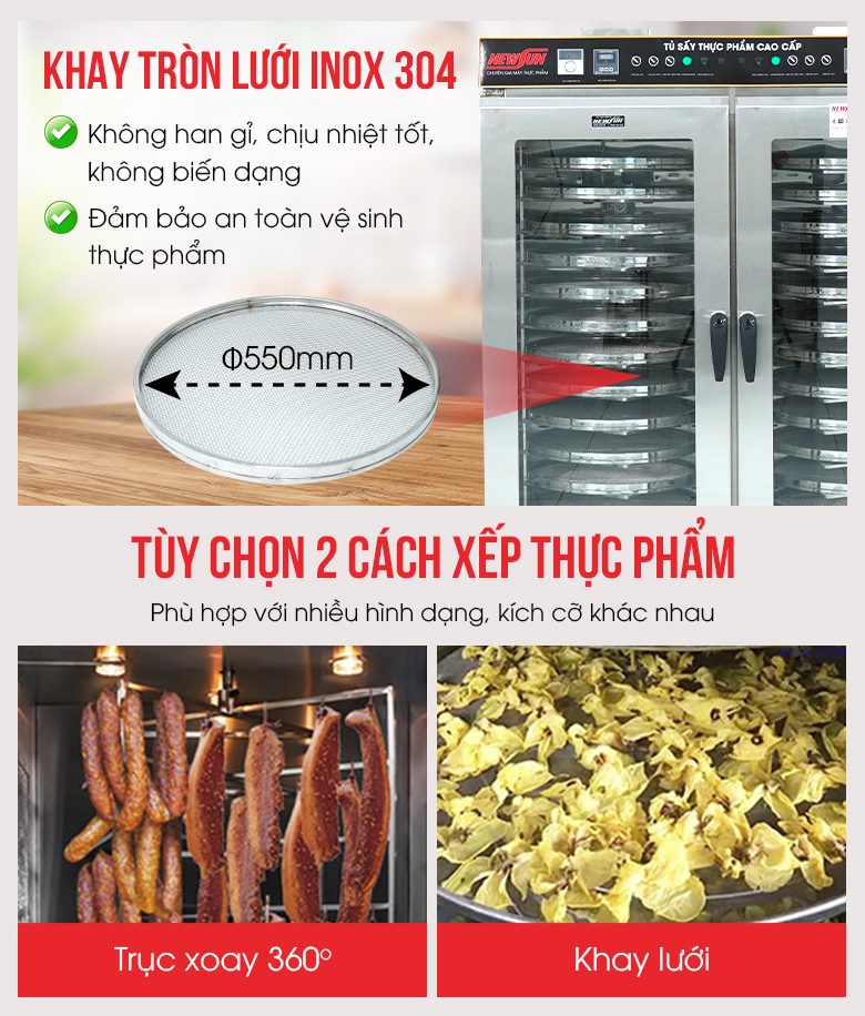 Tùy chọn giữa 2 cách xếp thực phẩm: treo lên trục inox hoặc dùng khay lưới Tùy chọn giữa 2 cách xếp thực phẩm: treo lên trục inox hoặc dùng khay lưới