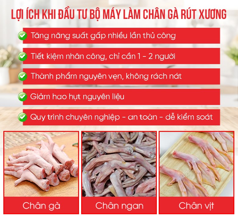 Lợi ích khi đầu tư bộ 2 máy làm chân gà rút xương Lợi ích khi đầu tư bộ 2 máy làm chân gà rút xương