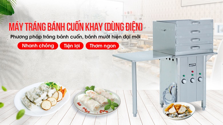 Máy tráng bánh cuốn khay dùng điện hiện đại mới Máy tráng bánh cuốn khay dùng điện hiện đại mới