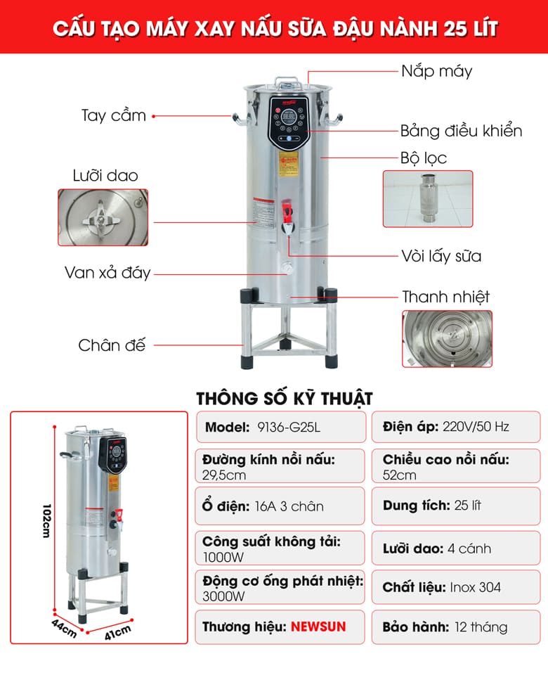 Cấu tạo máy xay nấu sữa đậu nành 25 lít