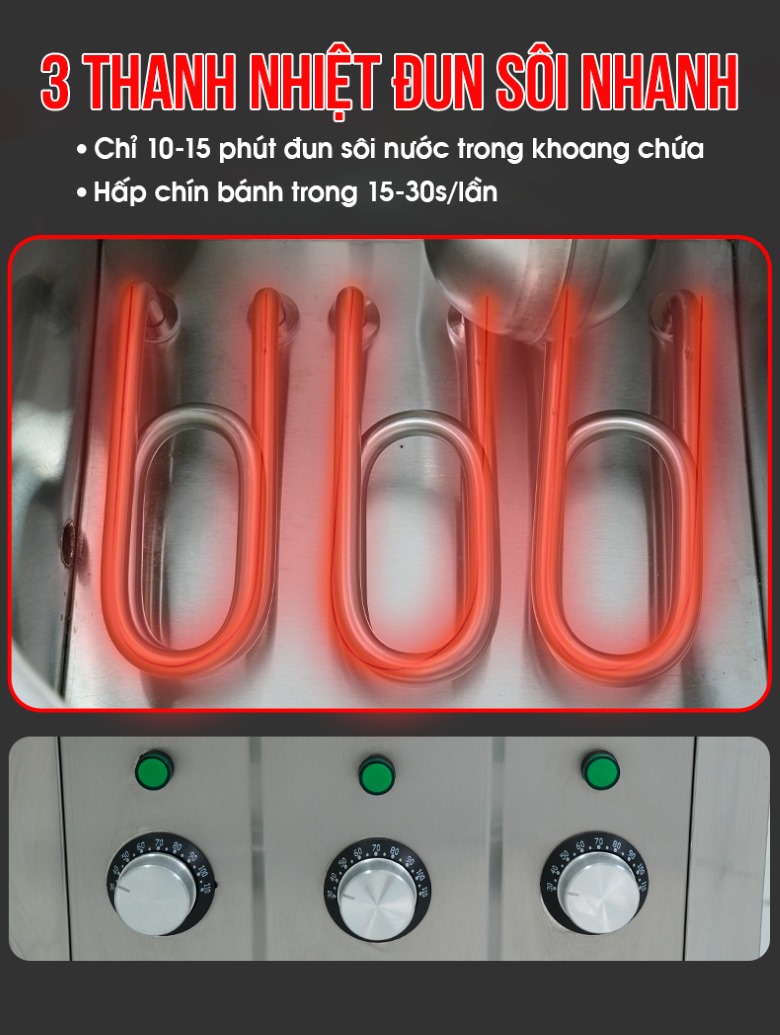 Hệ thống gia nhiệt công suất cao, hấp chín bánh chỉ trong 15-30s Hệ thống gia nhiệt công suất cao, hấp chín bánh chỉ trong 15-30s