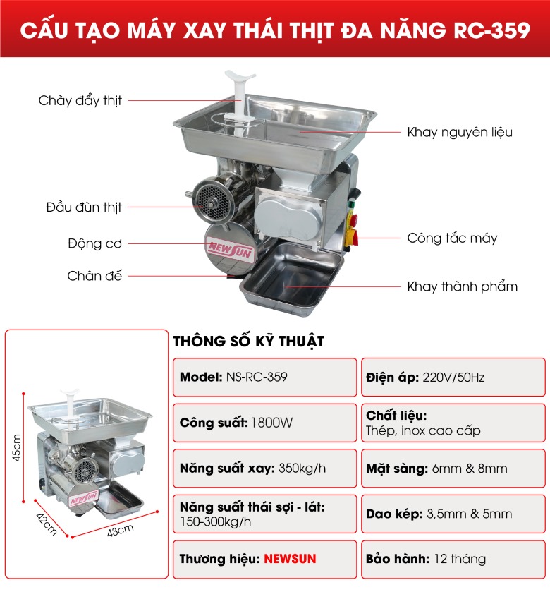 Cấu tạo máy xay thái thịt đa năng RC-359 Cấu tạo máy xay thái thịt đa năng RC-359