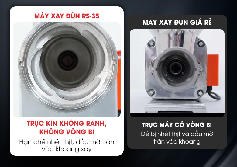Đầu máy kín không rãnh, không vòng bi, khắc phục triệt để tình trạng bị nhét thịt, tràn dầu mỡ vào khoang xay Đầu máy kín không rãnh, không vòng bi, khắc phục triệt để tình trạng bị nhét thịt, tràn dầu mỡ vào khoang xay