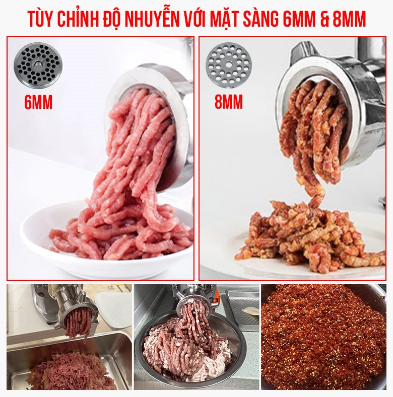 Máy TJ-II-35 trang bị sẵn 2 loại mặt sàng đùn thịt kích cỡ 6mm và 8mm Máy TJ-II-35 trang bị sẵn 2 loại mặt sàng đùn thịt kích cỡ 6mm và 8mm
