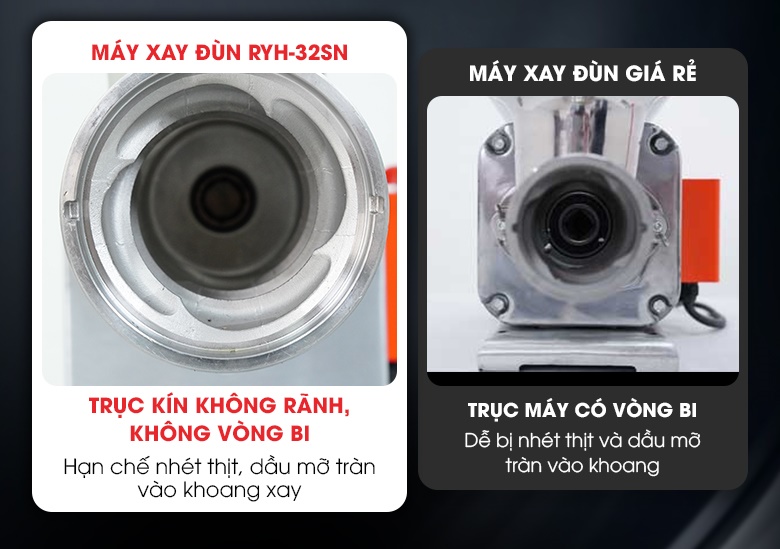 Đầu máy kín không rãnh, không vòng bi, khắc phục triệt để tình trạng bị nhét thịt, tràn dầu mỡ vào khoang xay Đầu máy kín không rãnh, không vòng bi, khắc phục triệt để tình trạng bị nhét thịt, tràn dầu mỡ vào khoang xay