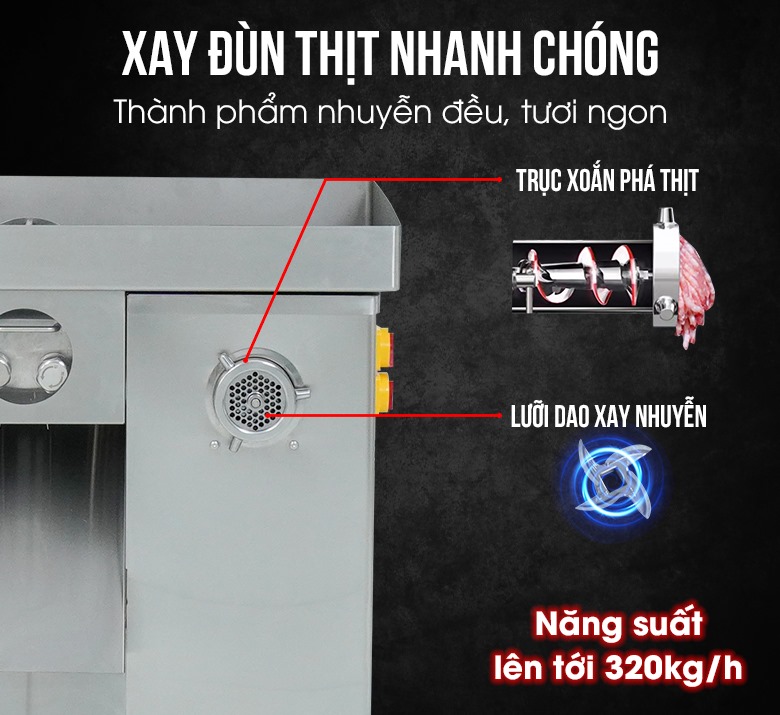 Xay đùn thịt năng suất 320kg/h, thành phẩm nhuyễn đều, tươi ngon Xay đùn thịt năng suất 320kg/h, thành phẩm nhuyễn đều, tươi ngon