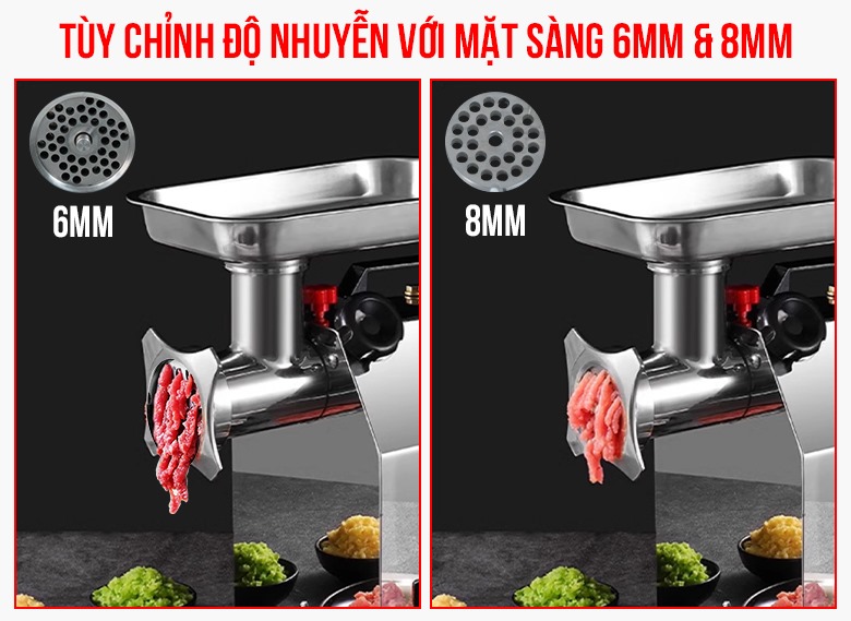 Máy xay thịt RC-12S trang bị sẵn 2 loại mặt sàng kích cỡ 6mm và 8mm Máy xay thịt RC-12S trang bị sẵn 2 loại mặt sàng kích cỡ 6mm và 8mm