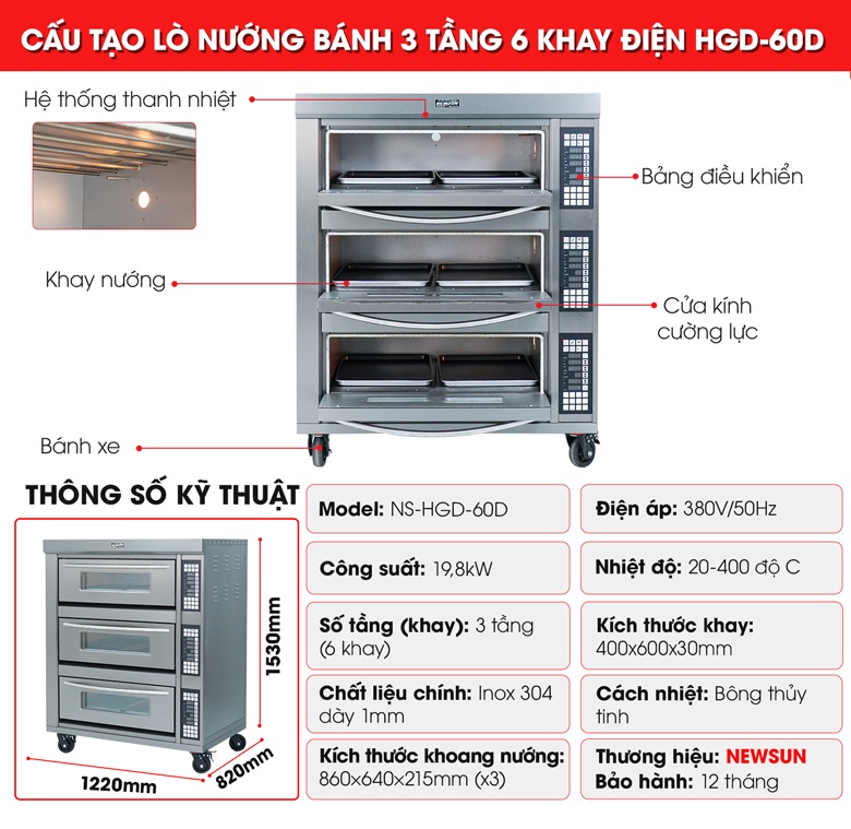 Cấu tạo lò nướng bánh 3 tầng 6 khay dùng điện HGD-60D Cấu tạo lò nướng bánh 3 tầng 6 khay dùng điện HGD-60D