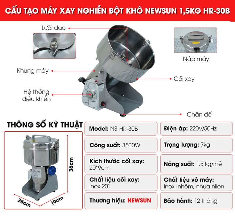 Cấu tạo máy xay nghiền bột khô 1,5kg HR-30B 3500W
