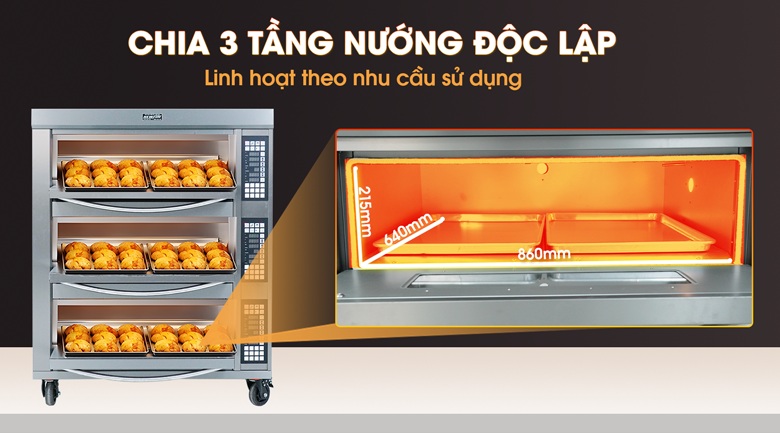 3 khoang nướng độc lập, linh hoạt theo nhu cầu sử dụng 3 khoang nướng độc lập, linh hoạt theo nhu cầu sử dụng