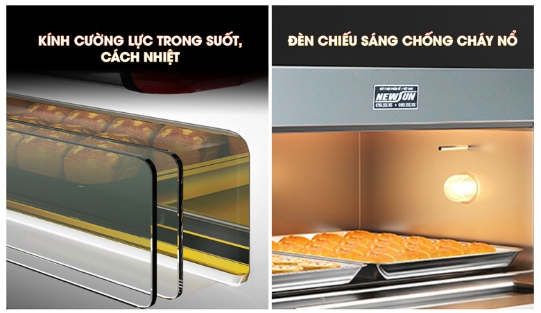 Ô kính trong suốt và đèn sáng giúp quan sát rõ quá trình nướng bánh bên trong Ô kính trong suốt và đèn sáng giúp quan sát rõ quá trình nướng bánh bên trong