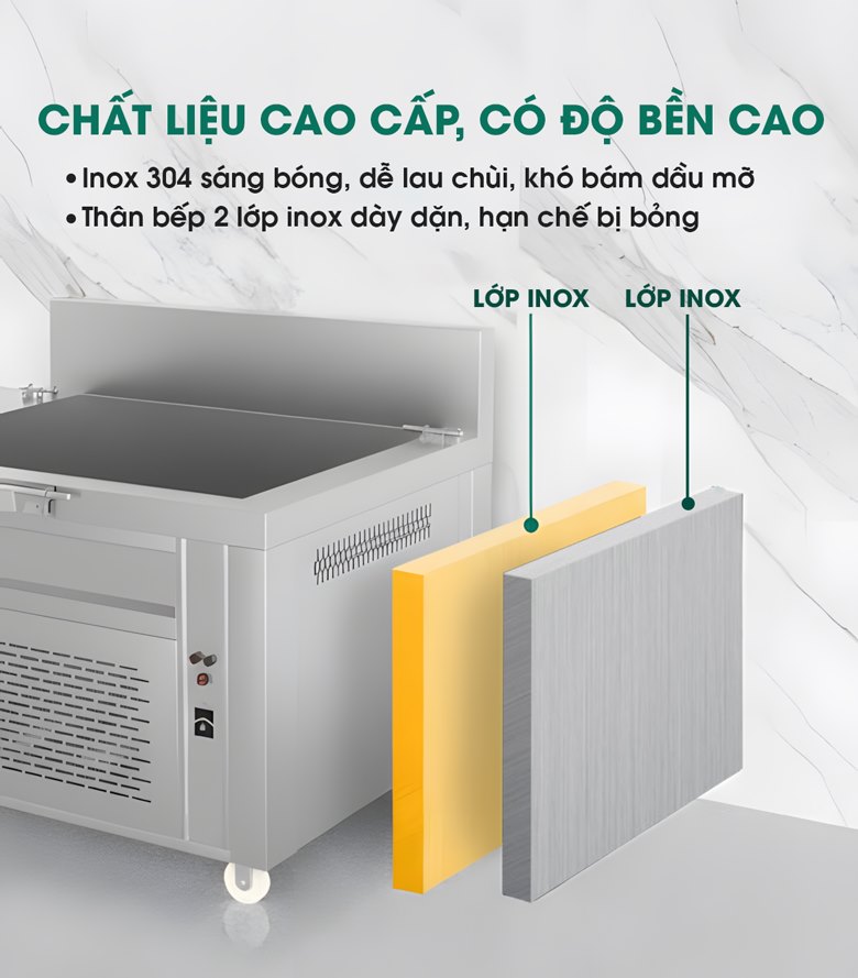 Thân bếp 2 lớp inox – bền bỉ, cách nhiệt tốt