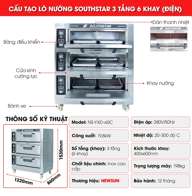 Cấu tạo lò nướng bánh ngọt Southstar 3 tầng 6 khay điện YXD-60C