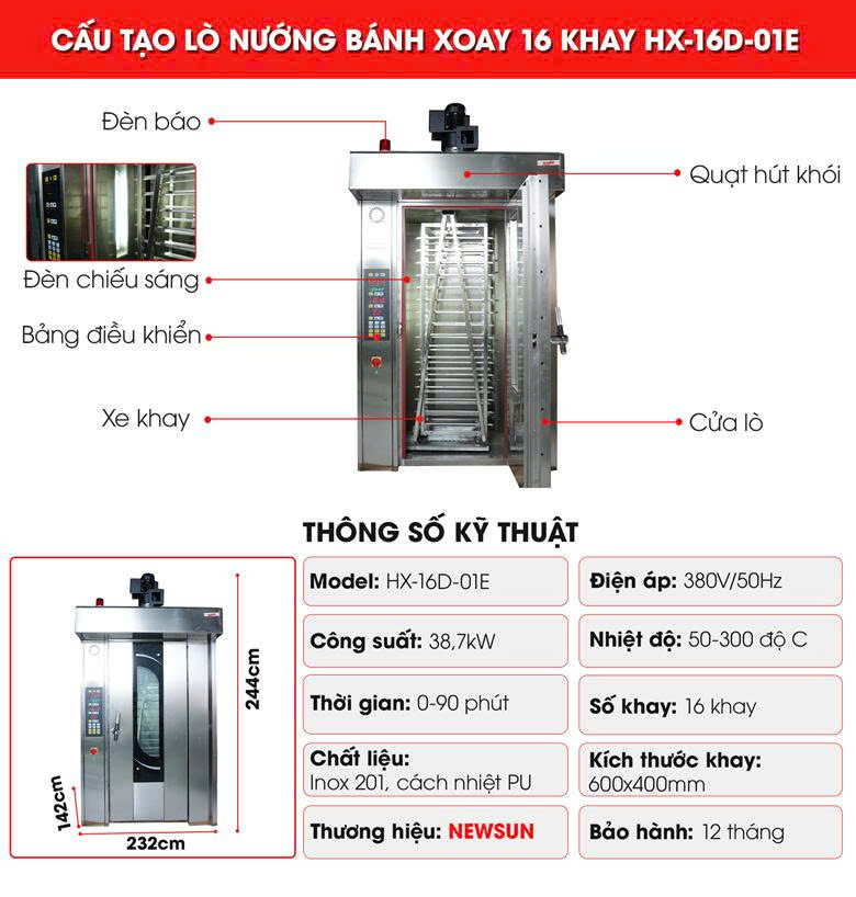 Cấu tạo lò nướng bánh xoay 16 khay điện NEWSUN HX-16D-01E