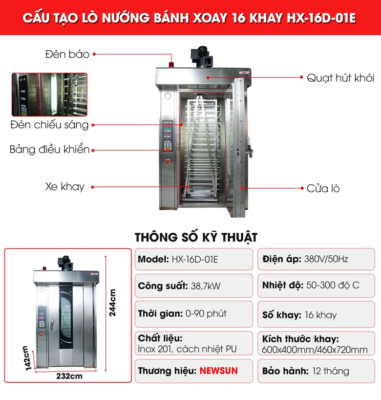 Cấu tạo lò nướng bánh xoay 16 khay điện HX-16D-01E