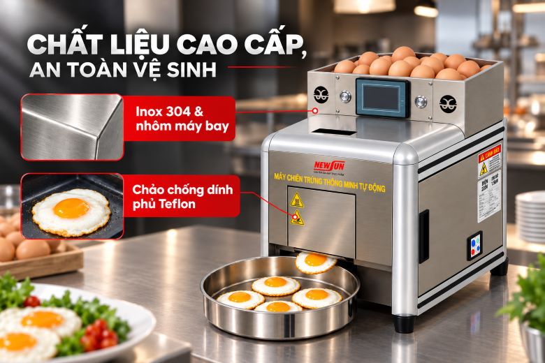 Chất liệu inox 304 cao cấp và nhôm máy bay, chảo thép phủ Teflon chống dính