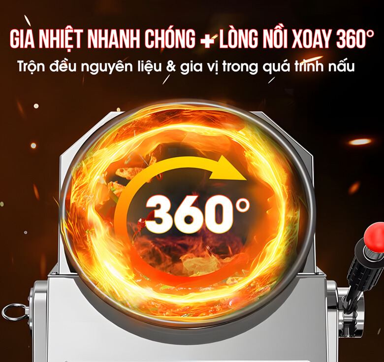 Lòng nồi xoay tròn, đều 360°C, gia nhiệt bằng điện