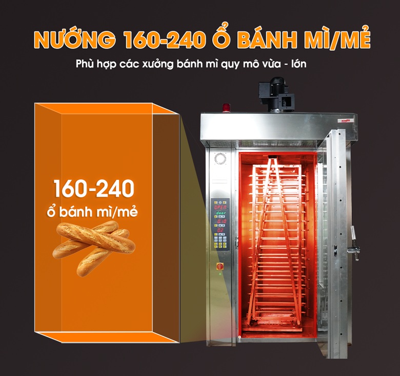 Xe khay 16 tầng cho năng suất khoảng 160-240 ổ bánh mì/mẻ