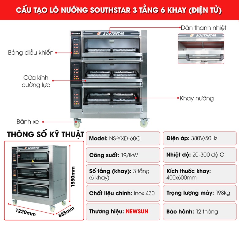 Cấu tạo lò nướng bánh Southstar điện tử 3 tầng 6 khay YXD-60CI