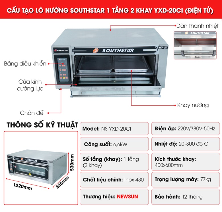 Cấu tạo lò nướng bánh Southstar điện tử 1 tầng 2 khay YXD-20CI