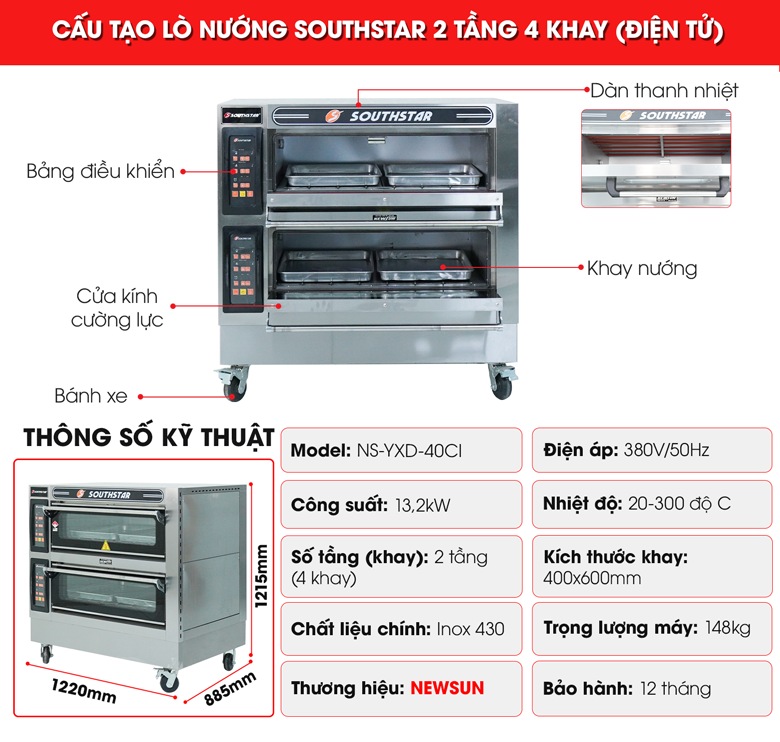 Cấu tạo lò nướng bánh Southstar điện tử 2 tầng 4 khay YXD-40CI Cấu tạo lò nướng bánh Southstar điện tử 2 tầng 4 khay YXD-40CI