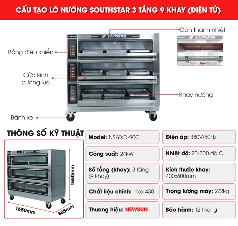 Cấu tạo lò nướng bánh Southstar điện tử 3 tầng 9 khay YXD-90CI