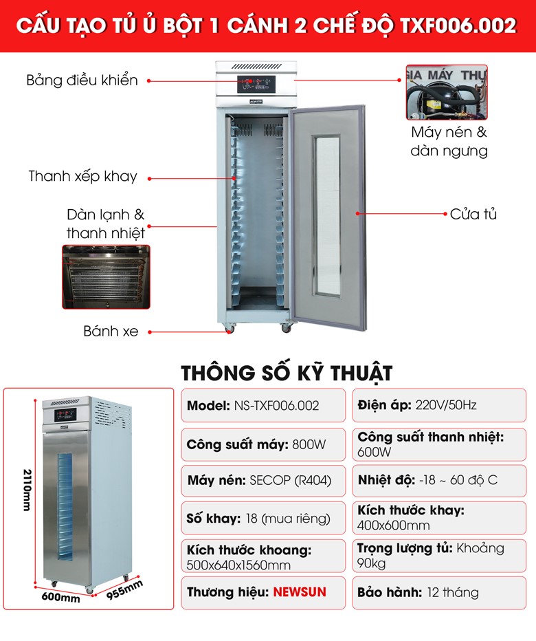 Cấu tạo tủ ủ bột mì 1 cánh 2 chế độ nóng lạnh TXF006.002 Cấu tạo tủ ủ bột mì 1 cánh 2 chế độ nóng lạnh TXF006.002