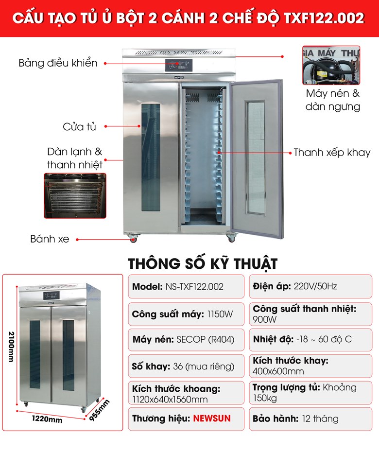 Cấu tạo tủ ủ bột mì 2 cánh 2 chế độ nóng lạnh TXF122.002 Cấu tạo tủ ủ bột mì 2 cánh 2 chế độ nóng lạnh TXF122.002