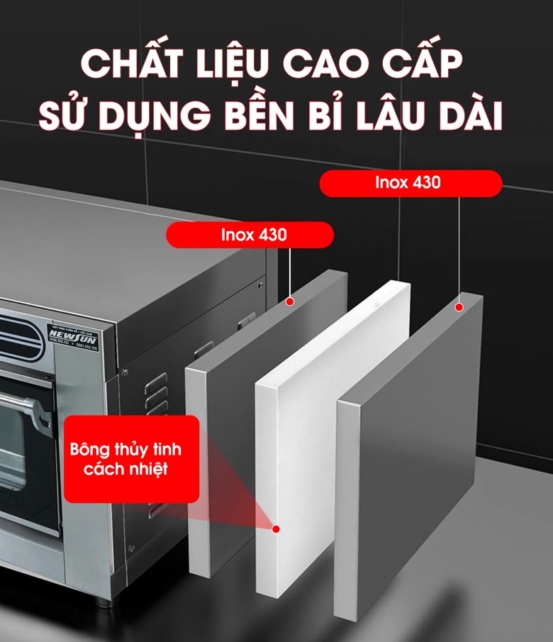 Thành lò bằng inox dày, có lớp cách nhiệt chống bỏng