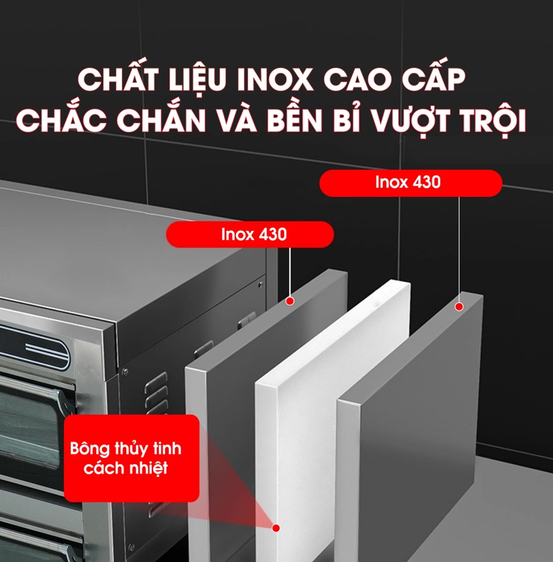 Thành lò bằng inox dày, có lớp cách nhiệt chống bỏng Thành lò bằng inox dày, có lớp cách nhiệt chống bỏng