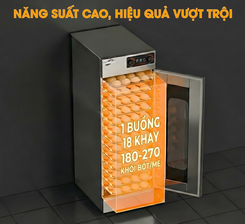 Khoang chứa 18 khay cho năng suất khoảng 180-270 khối bột/mẻ Khoang chứa 18 khay cho năng suất khoảng 180-270 khối bột/mẻ